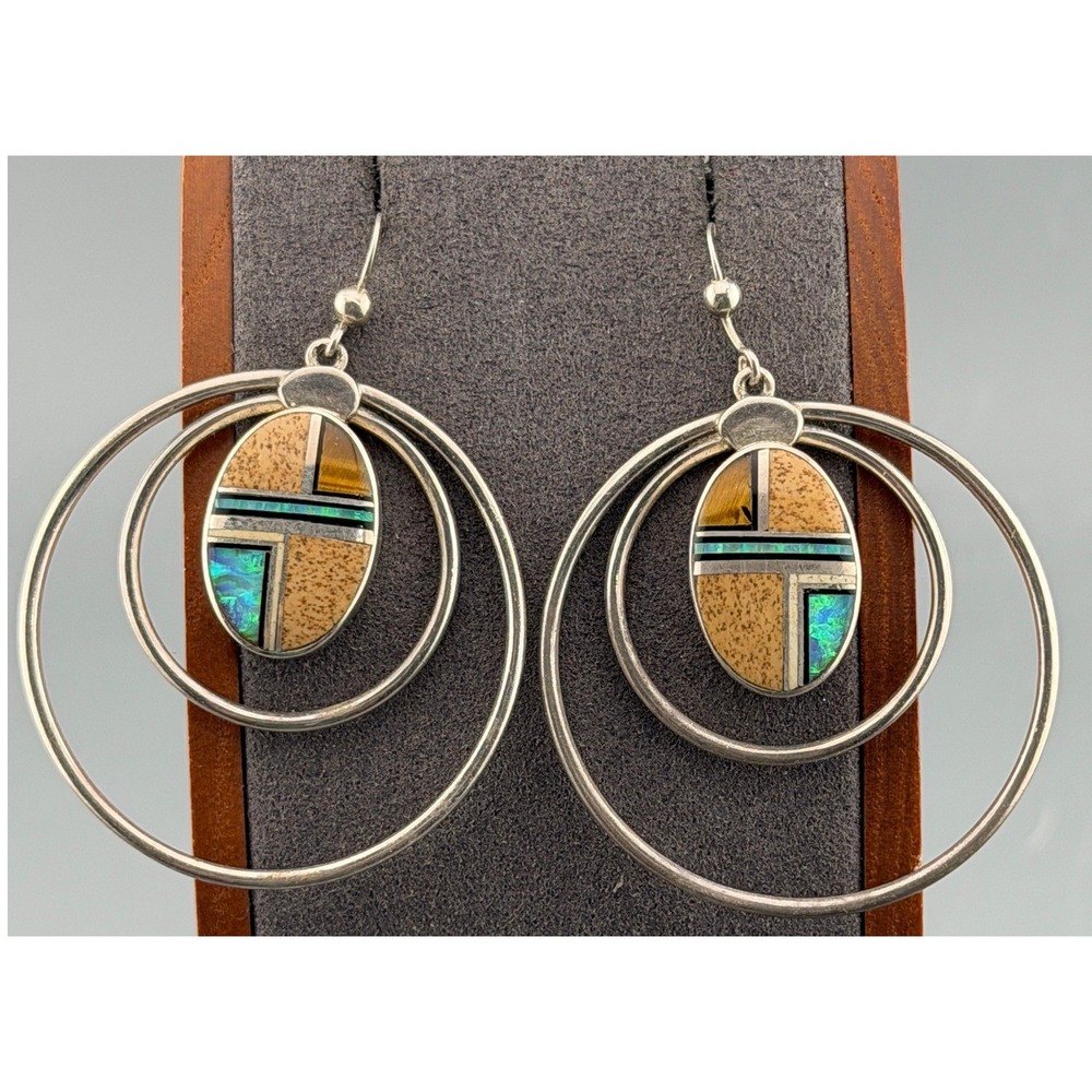 Vintage Navajo Earrings Randy Boyd Sterling Silver Opal Channel Inlay Hoop 1.5"